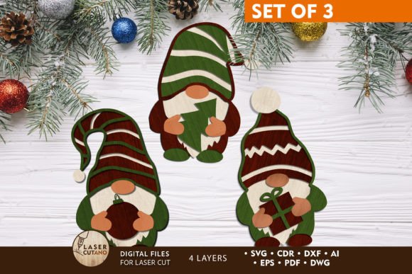 Download GNOMES CHRISTMAS ORNAMENTS SET, Wood Cut - Wood cut Collection